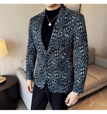 Korean Slim Fit Casual Suit Jacket for Men Fashion Camouflage Business Social Blazers Wedding Streetwear Dress Coat Men Clothing