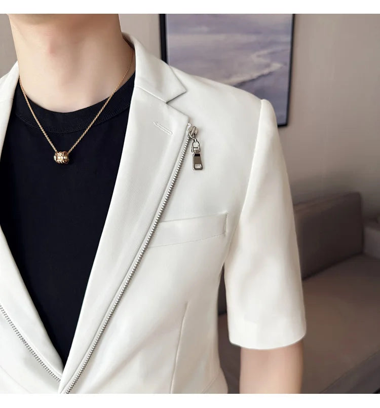 2023 Summer Zipper Decoration Blazers Men Casual Business Suit Jacket Slim Fit 3/4 Sleeve Streetwear Social Jacket Men Clothing