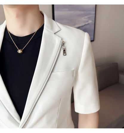 2023 Summer Zipper Decoration Blazers Men Casual Business Suit Jacket Slim Fit 3/4 Sleeve Streetwear Social Jacket Men Clothing