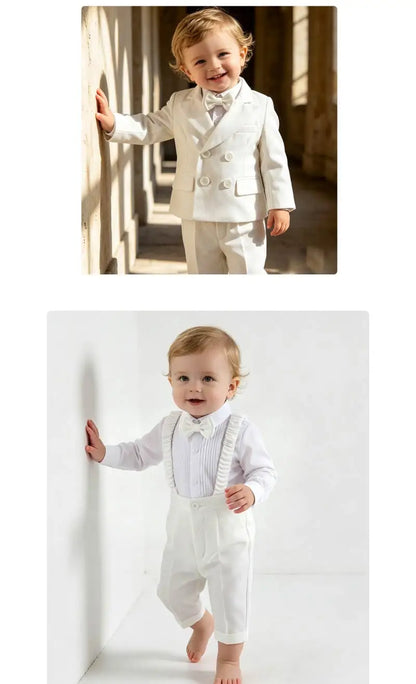 Elegant White Toddler Boy Suit Set Bow Tie Kids Formal Tuxedo Jacket Pant Outfit Christening Wedding Birthday Photograph Clothes
