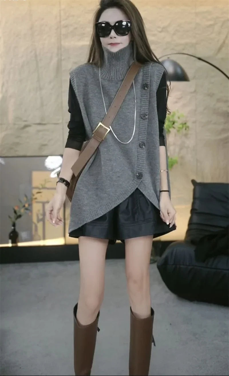 Women Large Size 4XL Knit Waistcoat Coat Ladies Irregular Sweater Vest Tops Autumn Female High Collar Sleeveless  ﻿
