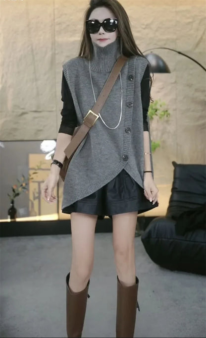 Women Large Size 4XL Knit Waistcoat Coat Ladies Irregular Sweater Vest Tops Autumn Female High Collar Sleeveless  ﻿