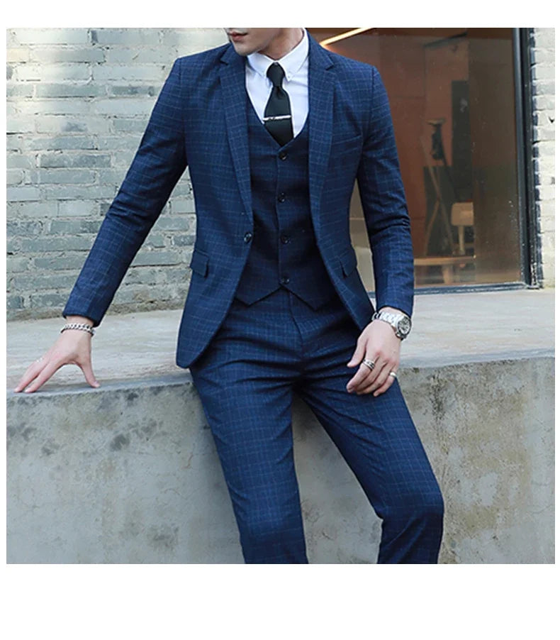 Men's Autumn Winter Trendy Three-Piece Suit Set Slim Fit Stylish Vest Trousers Ensemble Handsome Personality Wardrobe Essential