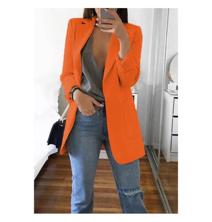 Women's Casual Blazer Notched Lapel Long Sleeve Open Jacket with Pockets Slim Fit Spring Autumn Office Lady Streetwear Coat