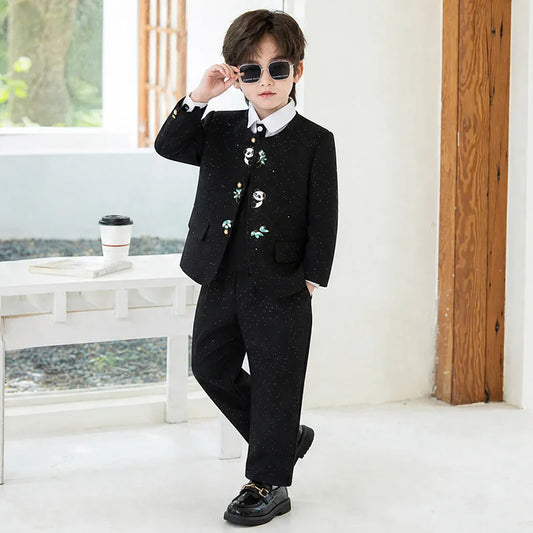 90-160 Kids New Chinese Tang Suit Hanfu Embroidery Suit Flower Boys Host Recitation Performance Costume