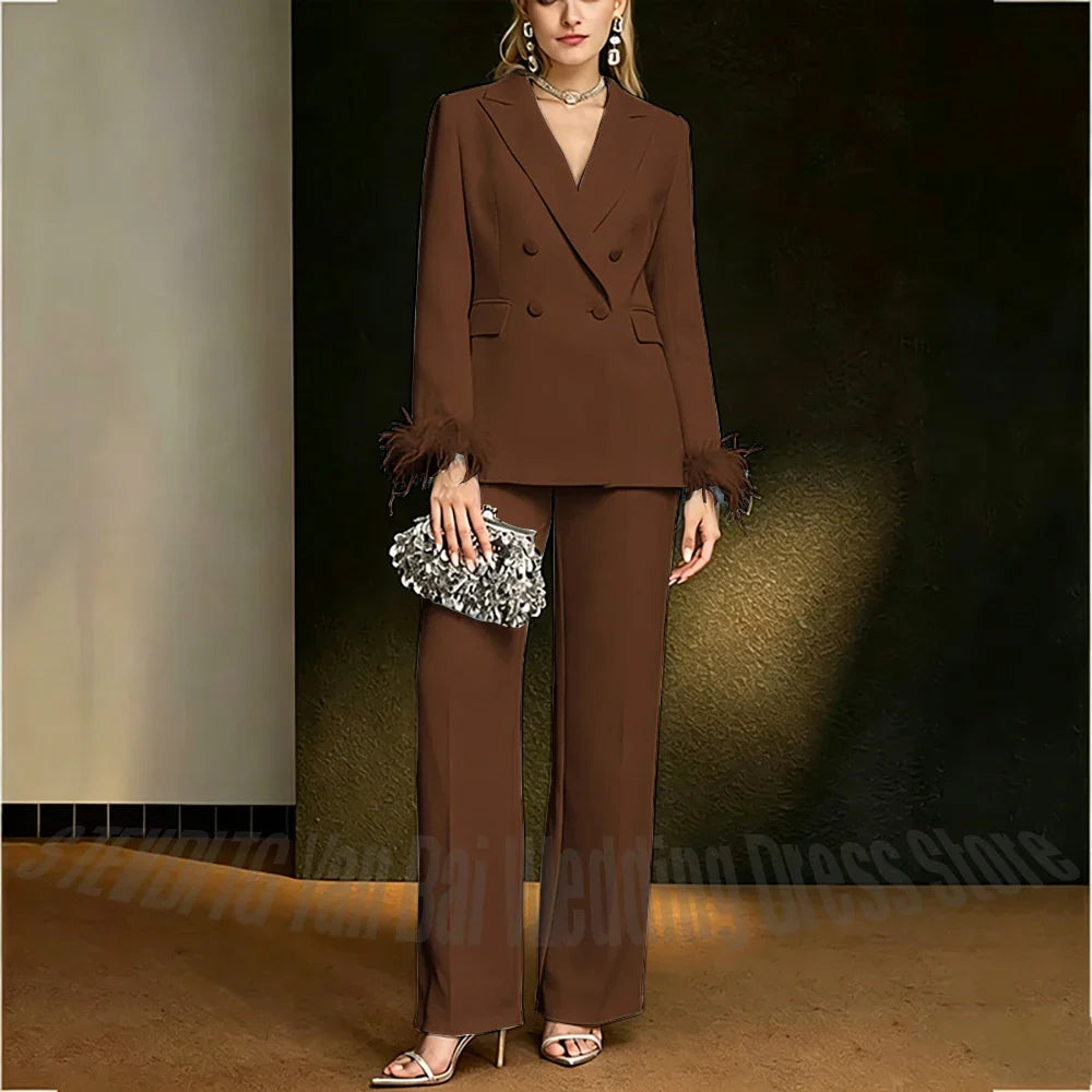 Luxury White Feather Women's Suit Elegant Classic Double Breasted Jacket Pants Formal Evening Party Wedding Guest Outfit