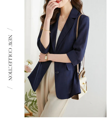 Casual Lyocell Suit Blazers Women 2026 Autumn Fashion Transparent Lightweight Three Quarter Sleeve Office Ladies Blazers