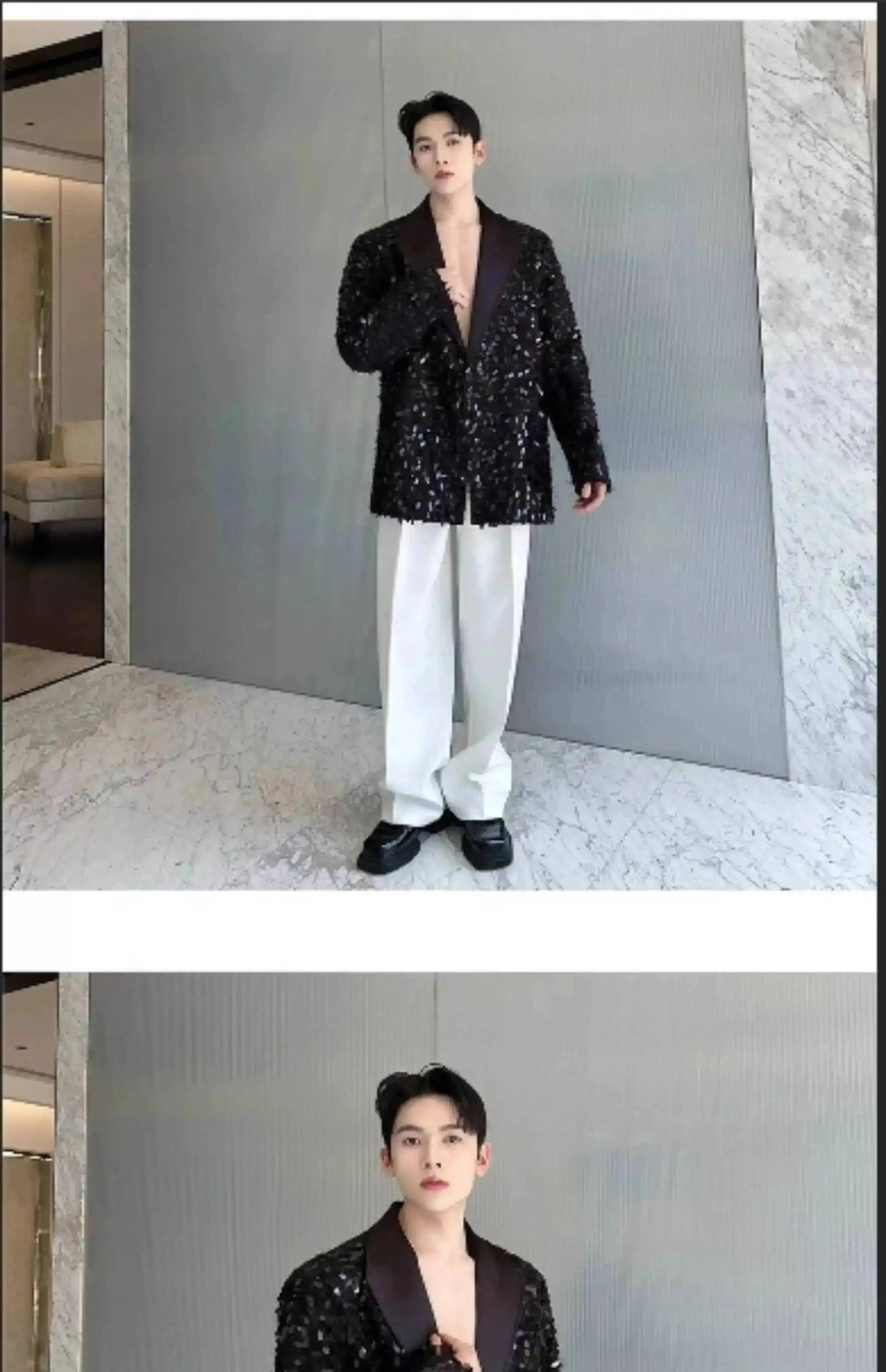 Design Patchwork Burr Original Casual Shoulder Pad Sequin Blazer Coat Men's 2025 Autumn Fashion Temperament Jacket JY7384