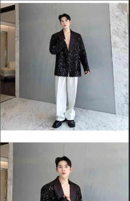 Design Patchwork Burr Original Casual Shoulder Pad Sequin Blazer Coat Men's 2025 Autumn Fashion Temperament Jacket JY7384