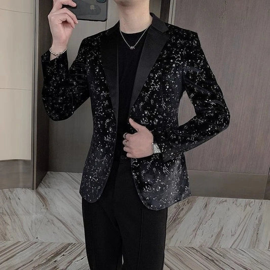 Men's Blazer Single Breasted Black Elegant Korean Style for Banquet & Daily Wear