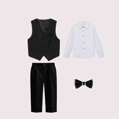 Flower Boys Wedding Suit Set Children's Piano Performance Costume Kids Blazer Vest Pants Bowtie Brooch 5Pieces Clothes Set