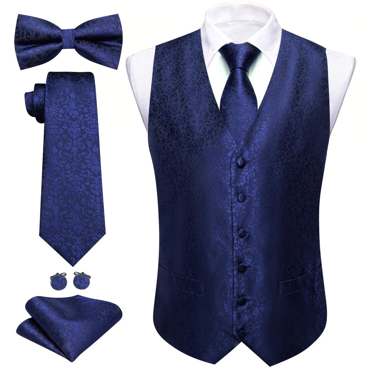 Men's Jacquard Suit Vest Set with Tie, Bow Tie, Pocket Square & Cufflinks – Wedding & Formal