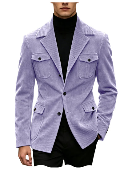 Men's Corduroy Blazer Jacket Slim Fit Notched Lapel Casual Business Coat With Four Flap Pockets For Daily Work Streetwear