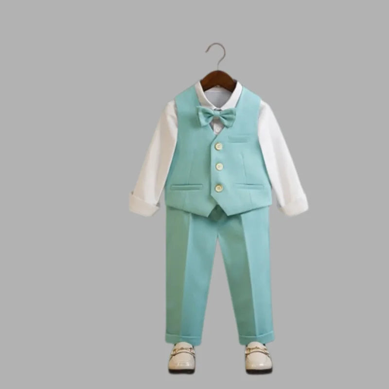 Kid Light Green 5Pieces Suit Set With Jacket Vest Pants Bowtie Brooch Boys Wedding Birthday Party Piano Performance Costume