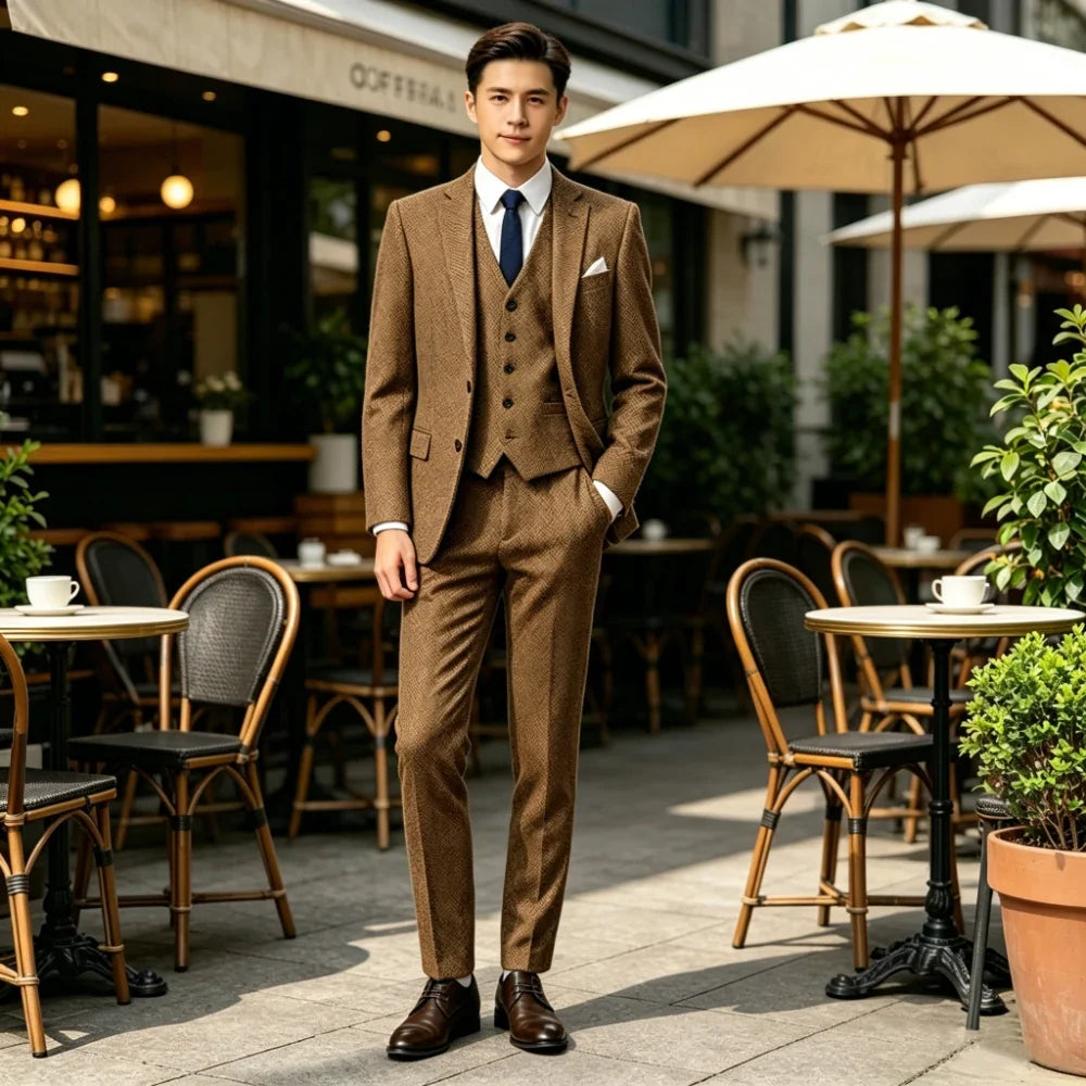 3-Piece Suit Men Herringbone Tweed Slim Fit Blazer Vest Pants Set for Wedding Business Formal