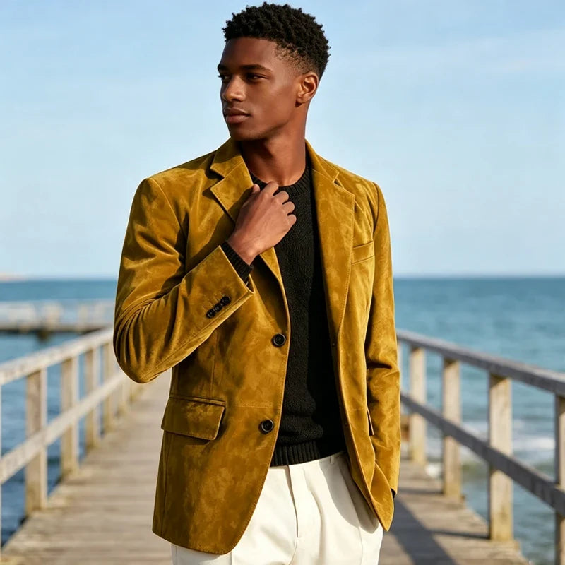 Men's Faux Suede Blazer – Retro Notched Lapel Single-Breasted Jacket for Wedding, Business & Daily Wear