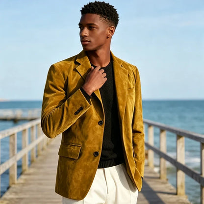 Men's Faux Suede Blazer – Retro Notched Lapel Single-Breasted Jacket for Wedding, Business & Daily Wear
