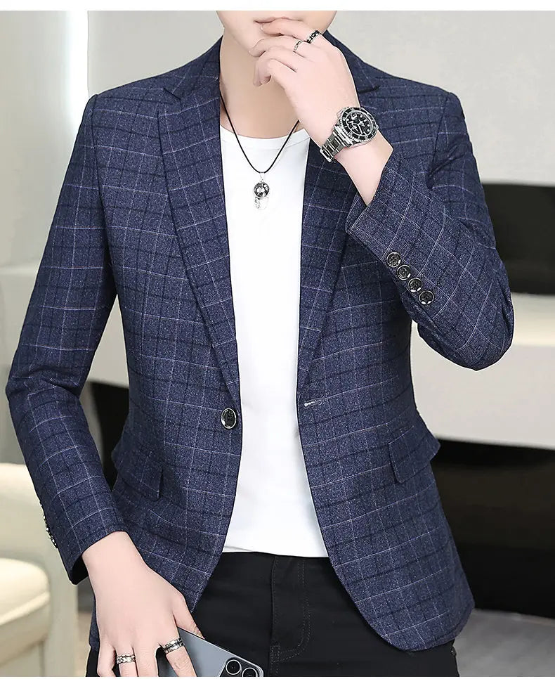 High-quality Men's Stylish and Trendy Business Checkered Single-Piece Western-Style Casual, Fashionable and Form-Fitting Small S