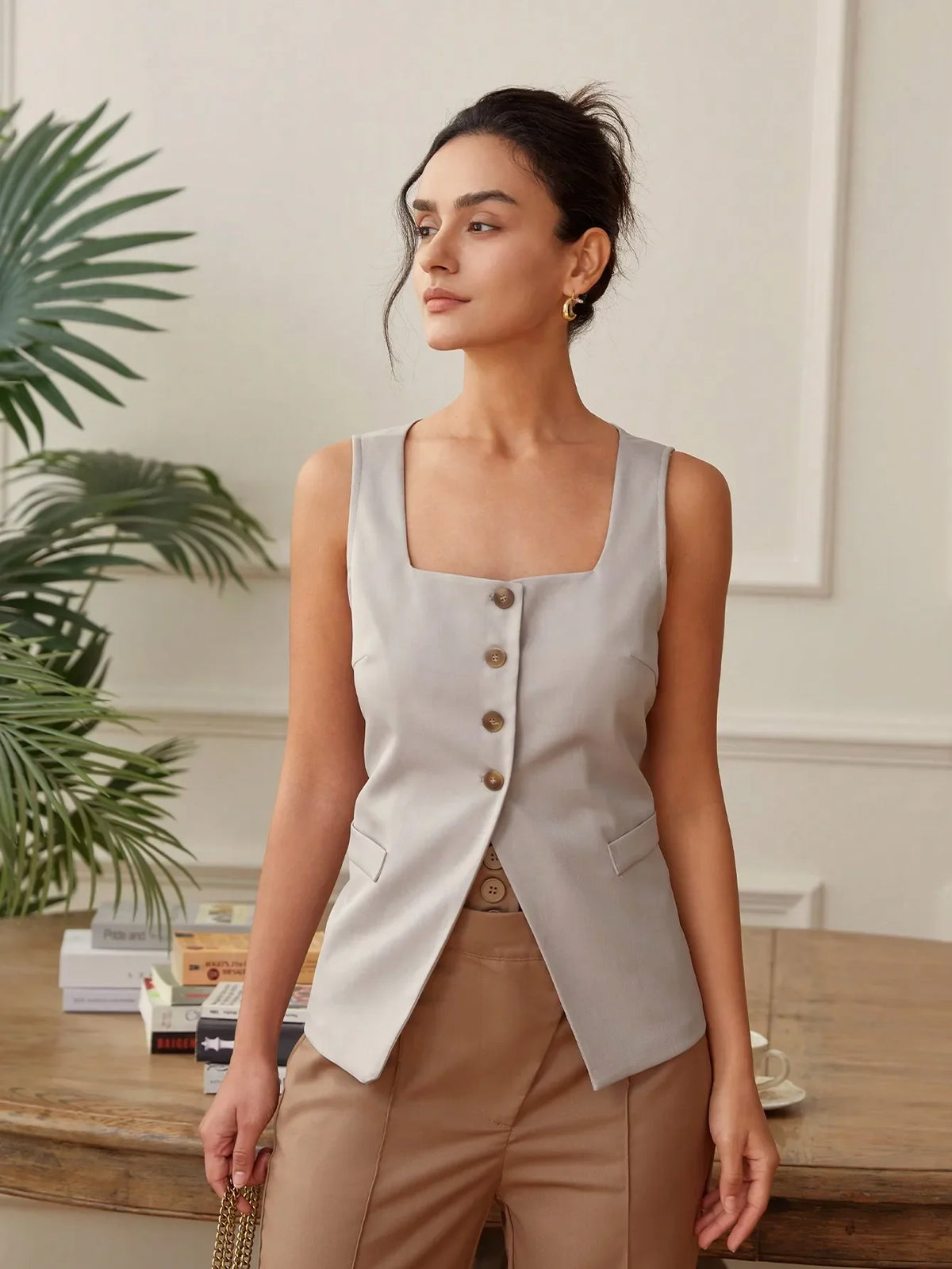 Summer temperament commuter vest vest solid color waistband square collar wide shoulder waistcoat