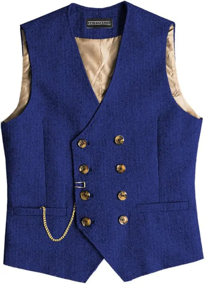 Men's Herringbone Vest – Double Breasted V-Neck Waistcoat for Weddings & Formal Occasions