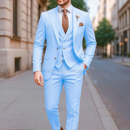 Costume de mariage formel trois pièces pour homme, avec revers crantés, veste unie, gilet et pantalon, pour soirée de bal, décontracté ou affaires