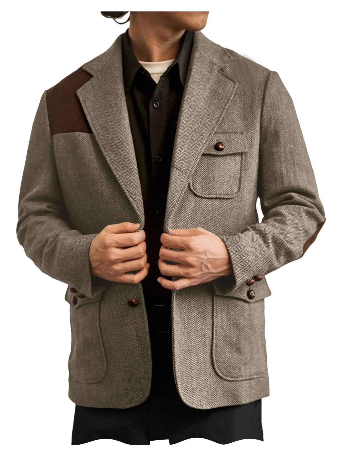 Men's Herringbone Tweed Blazer Shoulder Patchwork Suede Notch Lapel Suit Jacket Classic Fit Casual Business Vintage Sport Coat