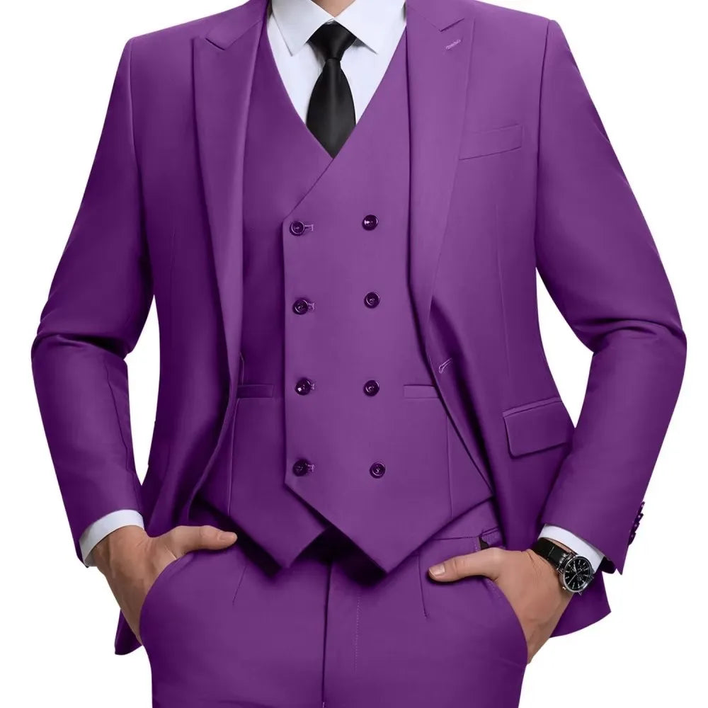 Men's Linen 3-Piece Slim Fit Suit – Blue & Beige | Peak Lapel
