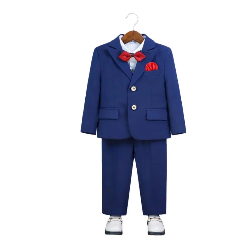 Kids White Suit Set Boy Formal Wedding Birthday Party Wear Children's Jacket Vest Pants Bowtie+Pocket Towel 5Pieces Clothes Set