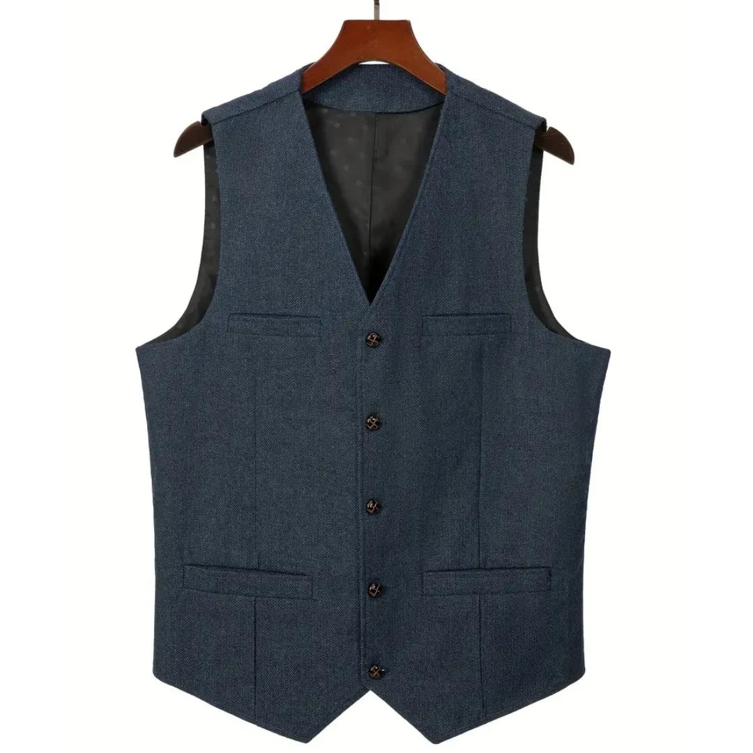Men's Herringbone Suit Vest – V-Neck Single Button Waistcoat for Weddings, Business & Smart Casual Wear