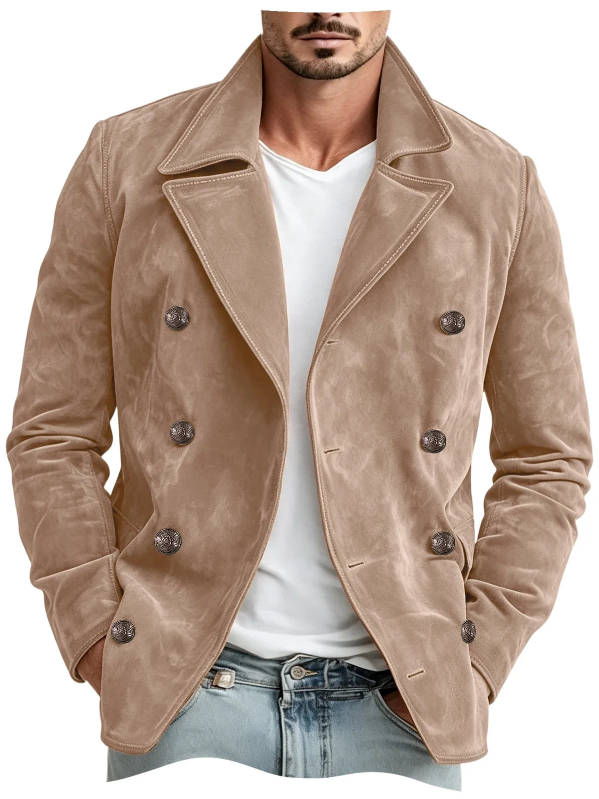 Men Faux Suede Jacket Double Breasted Lapel Collar Casual Blazer Vintage Comfort Business Office Autumn Winter Fashion Male Coat