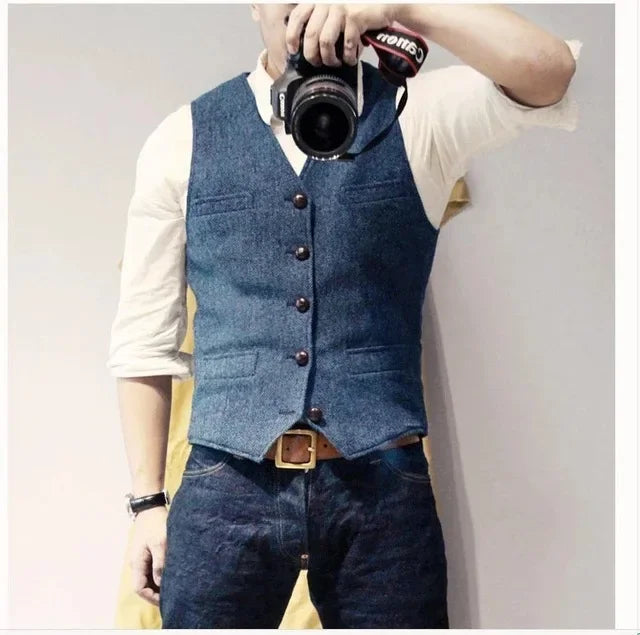 Men's Waistcoat Herringbone Wool Blend V-Neck Single Breasted Vest for Weddings and Smart Casual