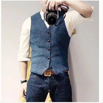 Men's Waistcoat Herringbone Wool Blend V-Neck Single Breasted Vest for Weddings and Smart Casual