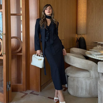 Fashion Women Suit 2 Pieces Single Breasted V-Neck Blazer With Scarf Midi Skirt Formal Business Cocktail Party Elegant Lady Set