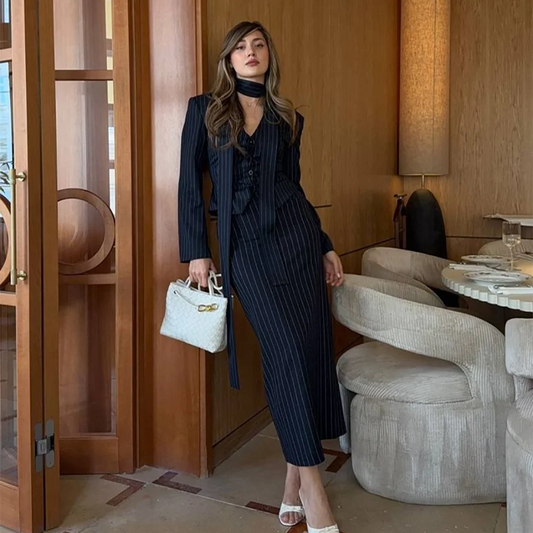Fashion Women Suit 2 Pieces Single Breasted V-Neck Blazer With Scarf Midi Skirt Formal Business Cocktail Party Elegant Lady Set