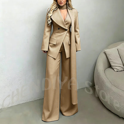 Classic Black Women Suit Set Double Breasted Asymmetrical Blazer Pants with Muffler Formal Office Elegant Two Piece Outfit