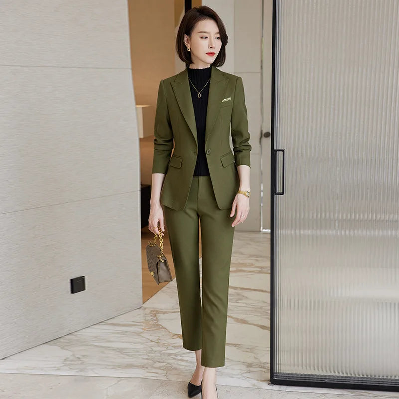 Ladies Blazer And Pant Suit Formal Army Green Khaki Gray Black Solid Women Jacket Trouser Female Business Work Wear 2 Piece Set