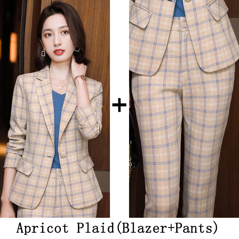 Plaid Women Suits Office Sets 2023 Vintage Long Sleeve Single Button Silm Blazers Chic High Waist Casual Pants Suits