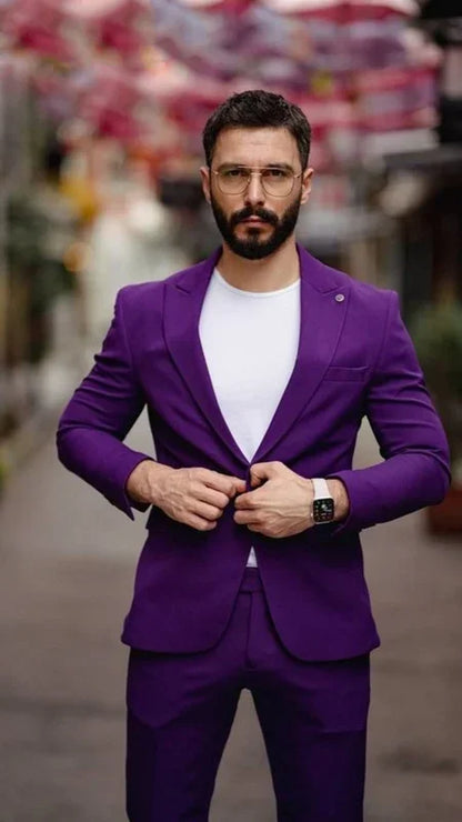 Purple Men's Business Daily Formal Party Leisure Suit Two-Piece One Button Peak Lapel Blazer Pants Groom Tuxedos