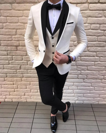 White Slit Mens Suits 3 Piece Black Shawl Lapel Casual Groom Tuxedos for Wedding Groomsmen Suits Men 2025 (Blazer+Vest+Pant)