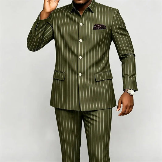 Men's Stripe Suits Slim Fit Single Breasted Stand Collar Tuxedo 2 Pieces Pinstripe Style Set Jacket Pants Business Formal Wear