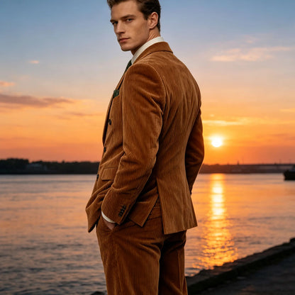 Men's Corduroy Suit 2 Piece Retro Double Breasted Peak Lapel Blazer Straight Leg Pants Formal Set Business Casual Wedding Party