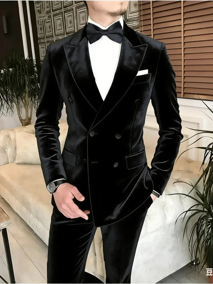 Black Elegant Men's Double Breasted Suits 2 Pieces Stage Performance Peak Lapel Man Formal Suit Set Wedding Groom Sets XS-6XL