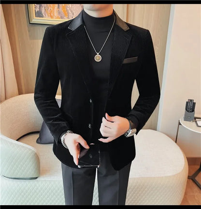Autumn Winter Corduroy Suit Coat For Men Korean Elegant Slim Fit Business Formal Dress Coats Groom Wedding Tuxedo Suit Jacket