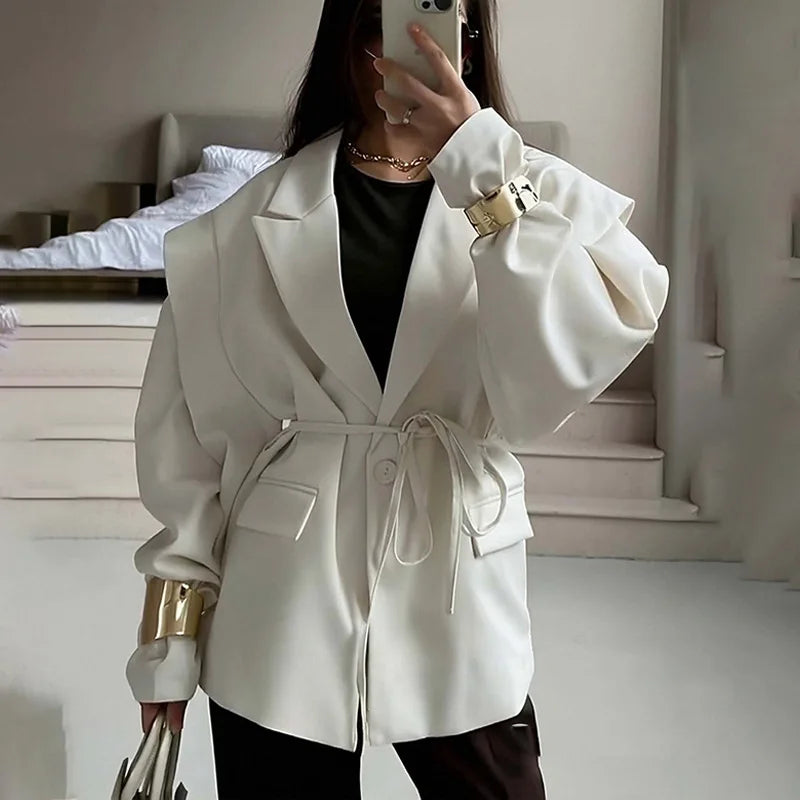 Spring Autumn Fashion Women's Pure Color Belted Shoulder Pad Suit Coat Commute Style Loose Fit Long Sleeve Regular Length