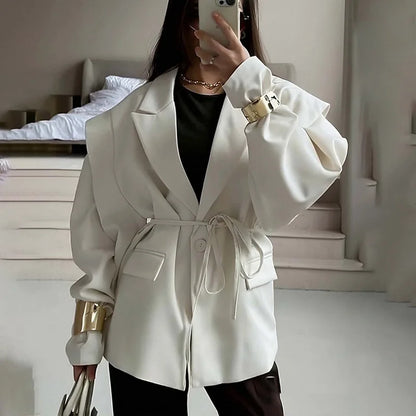 Spring Autumn Fashion Women's Pure Color Belted Shoulder Pad Suit Coat Commute Style Loose Fit Long Sleeve Regular Length