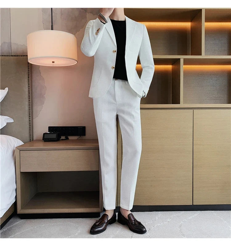 2025 New Waffle Blazers +Pant 2 Piece Set Men Fashion Business Slim Fit Solid Tuxedo Groom Wedding Prom Wear Casual Men's Sets