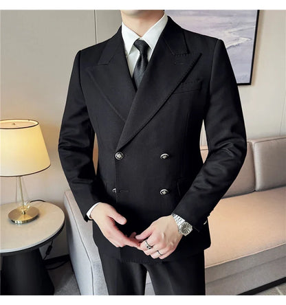 Autumn Winter Thickened Woolen Suit Jacket Men Double-breasted Casual Business Blazers Slim Fit Wedding Social Dress Coat M-4XL