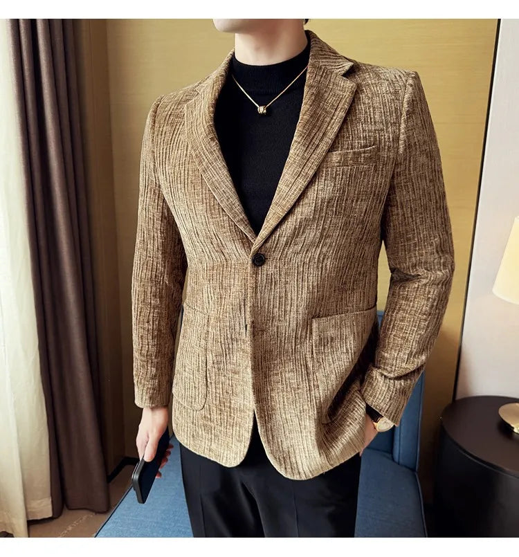 2025 Winter Chenier Thick Suit Jacket for Men Korean Slim Fit Casual Business Men Blazers Wedding Groom Office Social Dress Coat