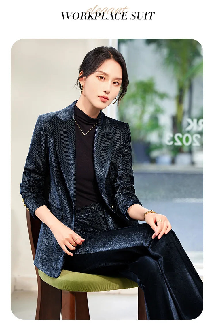 Pleuche Two Piece Sets Womens Outifits 2024 New Fashion Slim Elegant Long Sleeve Blazer Office Lady Flare Pants Suits