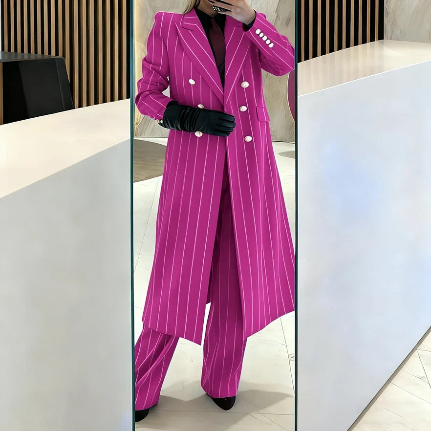 Burgundy Women's Suits Pinstripe Double Breasted Peaked Lapel Long Coat+Pants Set Elegant Formal Office Evening Party Outfit